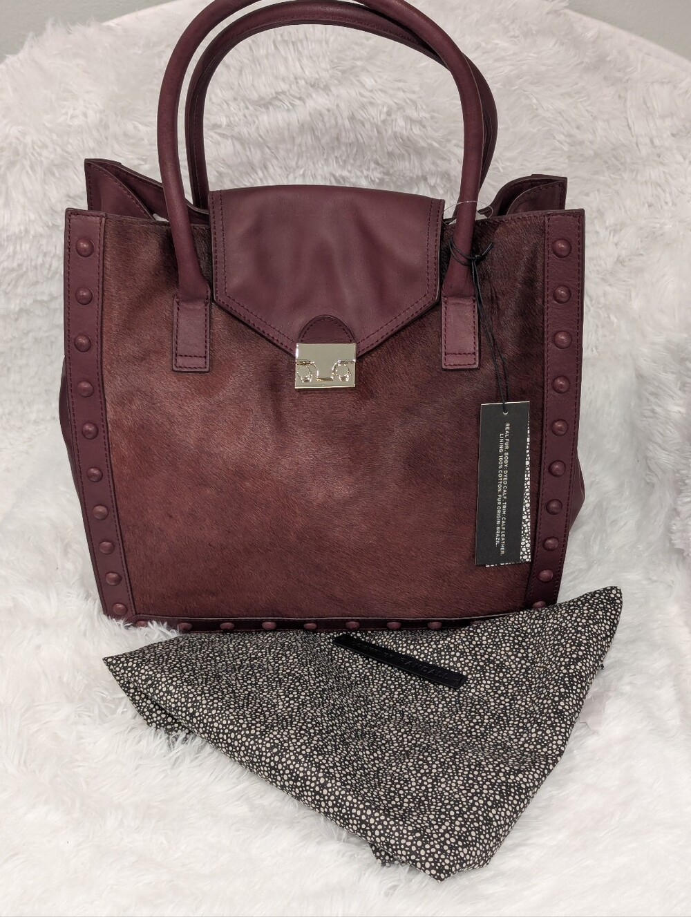 NWT Loeffler Randall Maroon Calf Hair & Leather Studded Work Tote Bag